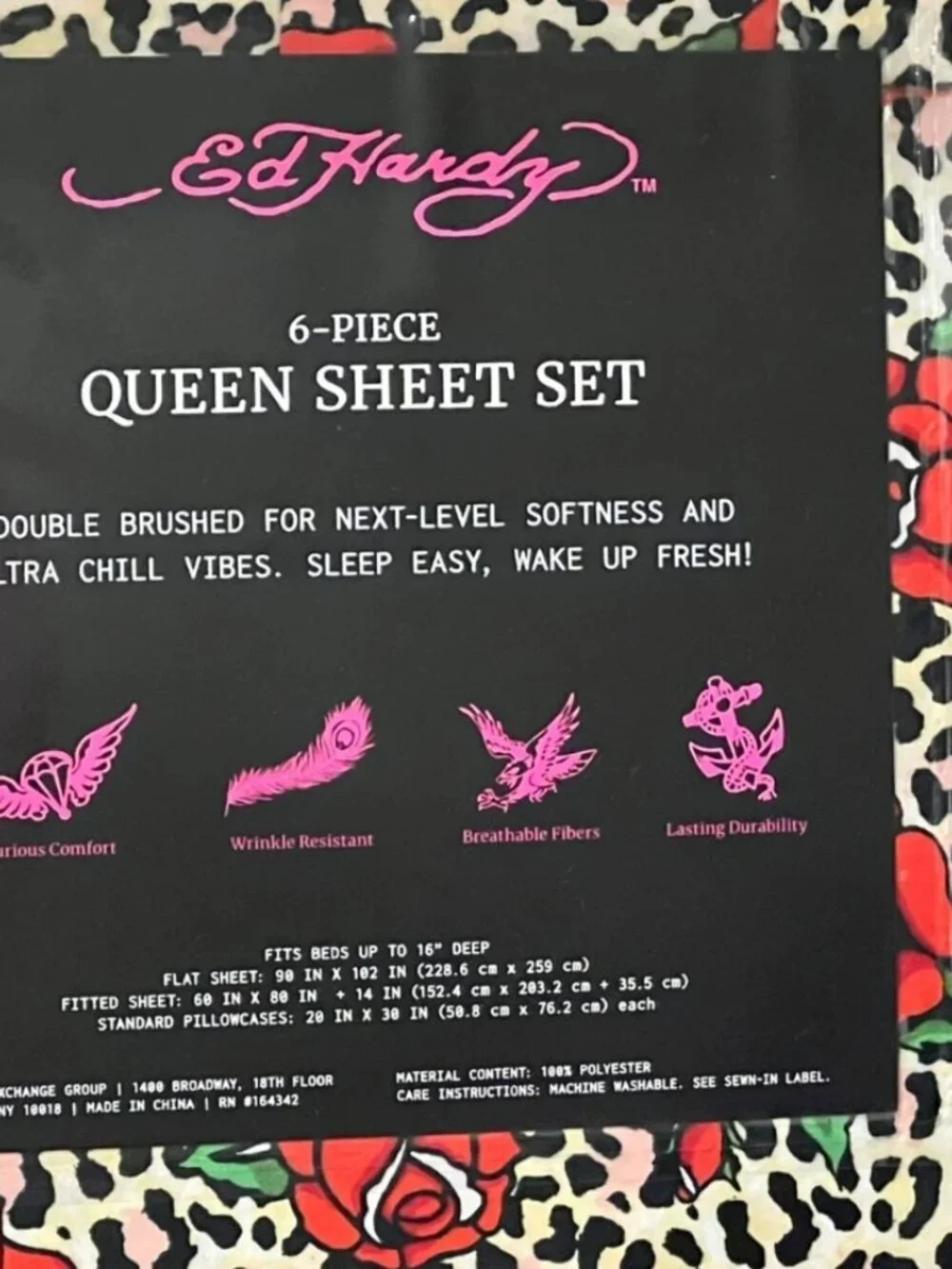 ED HARDY Queen Sheet Set 6pc New Flowers Roses Leopard Cheetah Tattoo Grunge Y2K